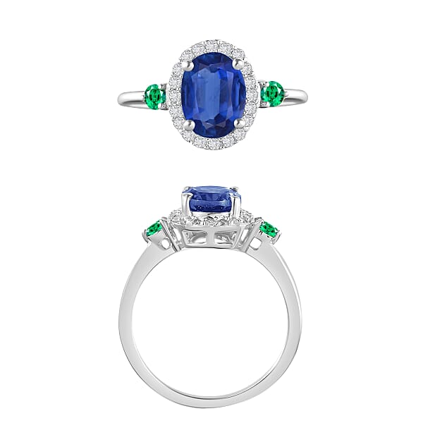 Luxoro Premium Kanchanaburi Blue Sapphire Boyaca Colombian Emerald And G-H I1 Diamond 1.75 Ctw Ring In 14K White Gold (Del. In 10-12 Days)