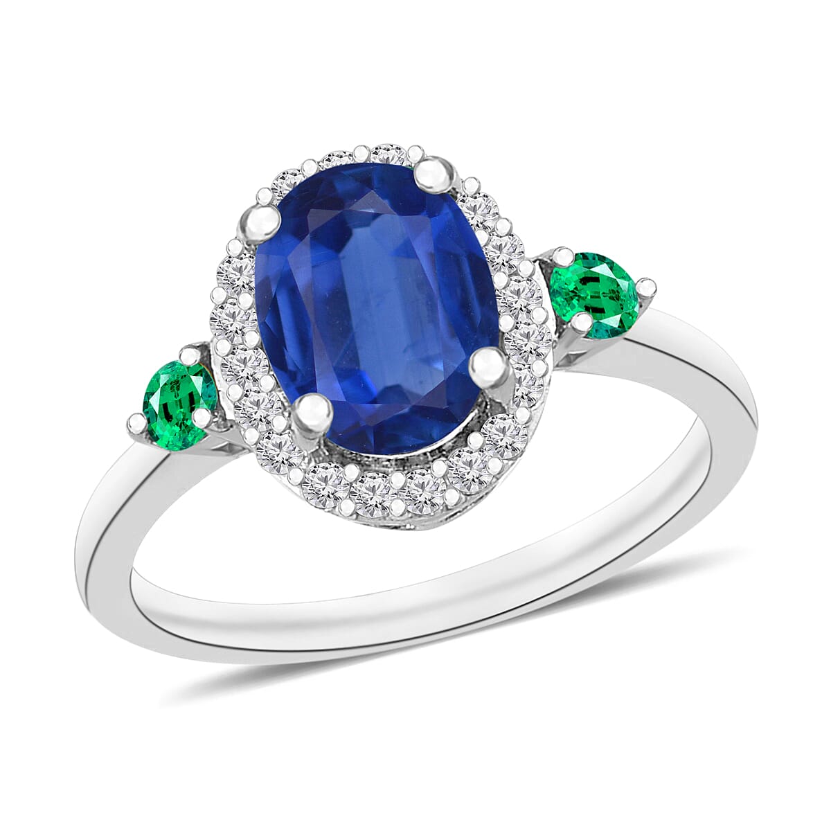 Luxoro Premium Kanchanaburi Blue Sapphire Boyaca Colombian Emerald and G-H I1 Diamond 1.75 ctw Ring in 14K White Gold (Del. in 10-12 Days)