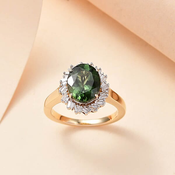 Luxoro Premium Madagascar Green Apatite And G-H I2 Diamond 3.15 Ctw Verdant Blossom Ring In 10K Yellow Gold 4.30 Grams