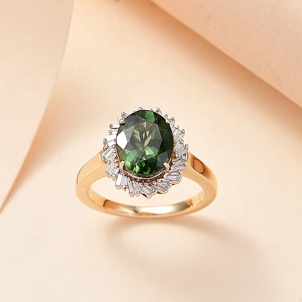 Luxoro Premium Madagascar Green Apatite And G-H I2 Diamond 3.15 Ctw Verdant Blossom Ring In 10K Yellow Gold 4.30 Grams