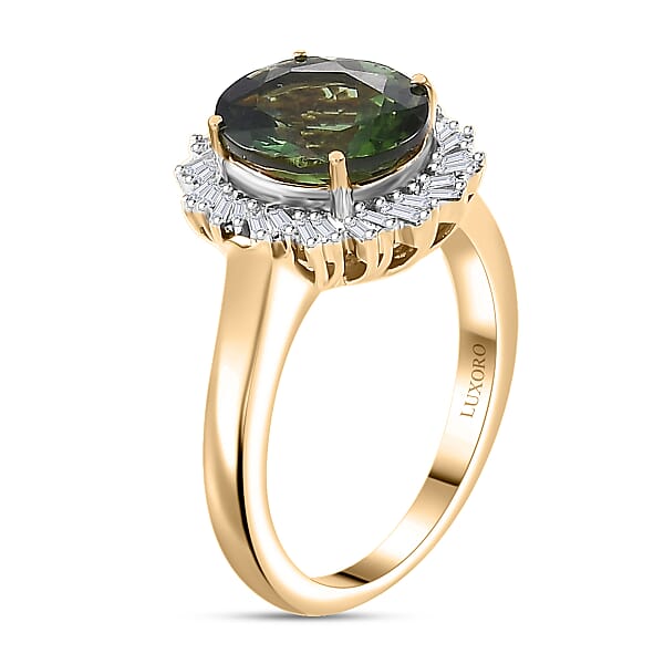 Luxoro Premium Madagascar Green Apatite And G-H I2 Diamond 3.15 Ctw Verdant Blossom Ring In 10K Yellow Gold 4.30 Grams