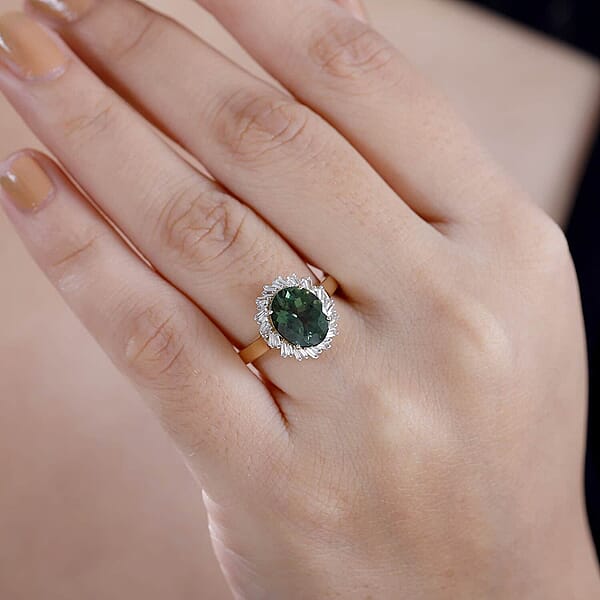 Luxoro Premium Madagascar Green Apatite And G-H I2 Diamond 3.15 Ctw Verdant Blossom Ring In 10K Yellow Gold 4.30 Grams