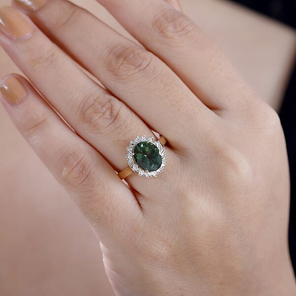 Luxoro Premium Madagascar Green Apatite And G-H I2 Diamond 3.15 Ctw Verdant Blossom Ring In 10K Yellow Gold 4.30 Grams