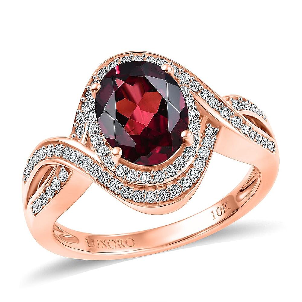 Luxoro Premium Malawi Magenta Garnet and Diamond I2 2.50 ctw Love Wave Ring in 10K Rose Gold (Size 10.0) 4.30 Grams