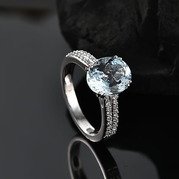 Luxoro Premium Mangoro Aquamarine And Diamond G-H I2 3.50 Ctw Ring In 10K White Gold