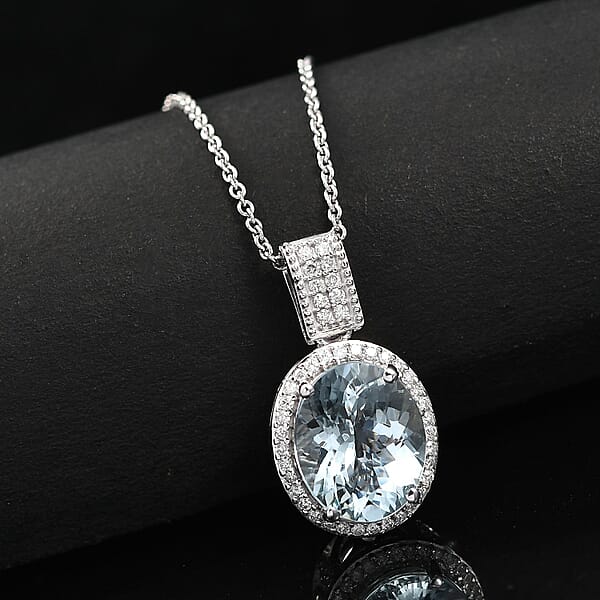 Luxoro Premium Mangoro Aquamarine And Diamond I2 3.20 Ctw Lotus Flower Pendant Necklace In 10K White Gold 20 Inches