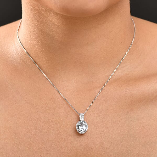 Luxoro Premium Mangoro Aquamarine And Diamond I2 3.20 Ctw Lotus Flower Pendant Necklace In 10K White Gold 20 Inches