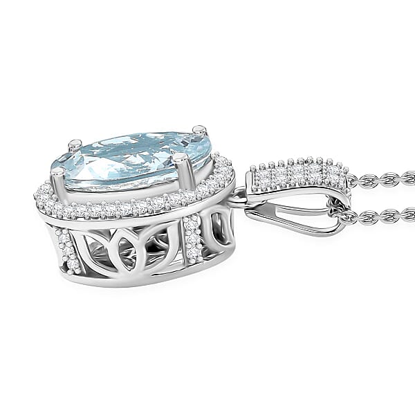 Luxoro Premium Mangoro Aquamarine And Diamond I2 3.20 Ctw Lotus Flower Pendant Necklace In 10K White Gold 20 Inches