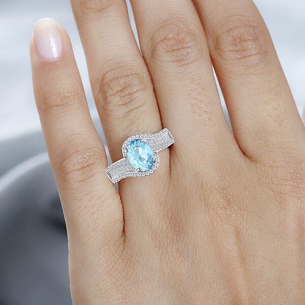 Luxoro Premium Mangoro Aquamarine And G-H I1 Diamond 1.65 Ctw Ring In 14K White Gold 4.20 Grams (Del. In 10-12 Days)