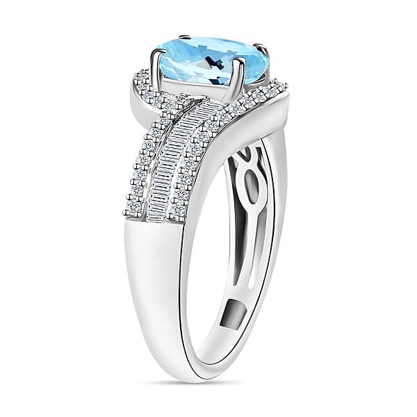 Luxoro Premium Mangoro Aquamarine And G-H I1 Diamond 1.65 Ctw Ring In 14K White Gold 4.20 Grams (Del. In 10-12 Days)