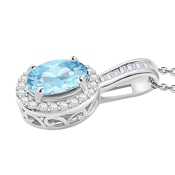 Luxoro Premium Mangoro Aquamarine And G-H I2 White Diamond 1.60 Ctw Pendant Necklace 20 Inches In 14K White Gold (Del. In 10-12 Days)