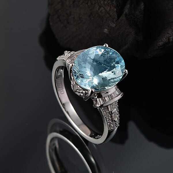 Luxoro Premium Mangoro Aquamarine And I2 Diamond 4.27 Ctw Ocean Whisper Ring In 10K White Gold