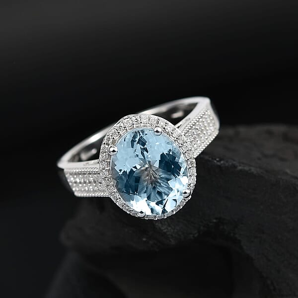 Luxoro Premium Mangoro Aquamarine And White Diamond G-H I2 3.30 Ctw Lotus Flower Ring In 10K White Gold