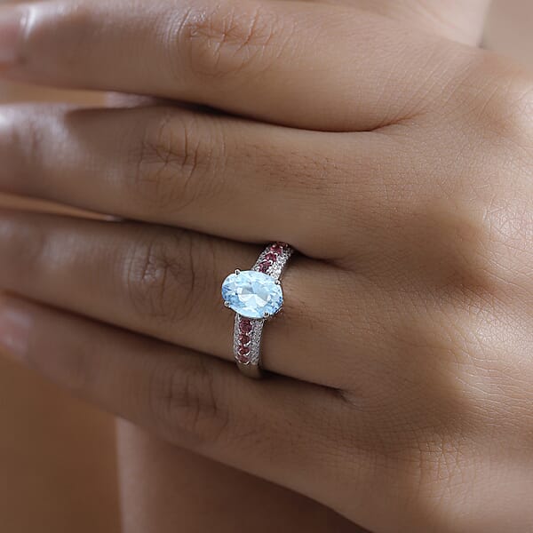 Luxoro Premium Mangoro Aquamarine Ouro Fino Rubellite And G-H I2 Diamond 2.11 Ctw Ring In 10K White Gold (Del. In 10-12 Days)
