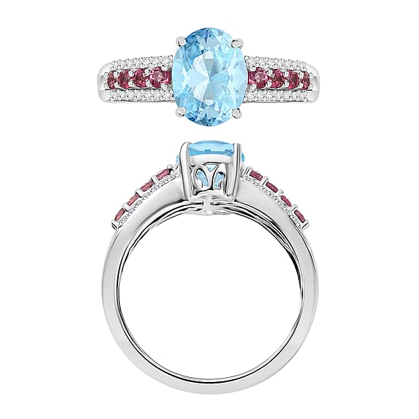 Luxoro Premium Mangoro Aquamarine Ouro Fino Rubellite And G-H I2 Diamond 2.11 Ctw Ring In 10K White Gold (Del. In 10-12 Days)