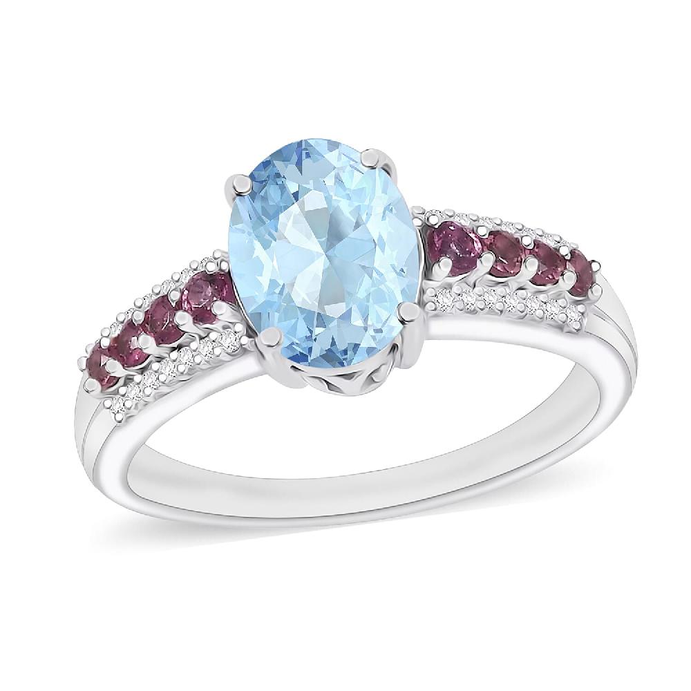Luxoro Premium Mangoro Aquamarine Ouro Fino Rubellite and G-H I2 Diamond 2.11 ctw Ring in 10K White Gold (Del. in 10-12 Days)