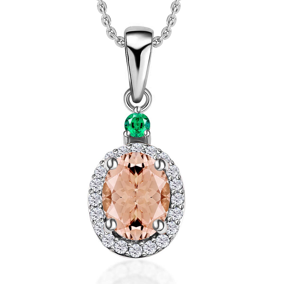 Luxoro Premium Marropino Morganite Boyaca Colombian Emerald and G-H I1 Diamond 1.55 ctw Pendant Necklace 20 Inches in 14K White Gold (Del. in 10-12 Days)