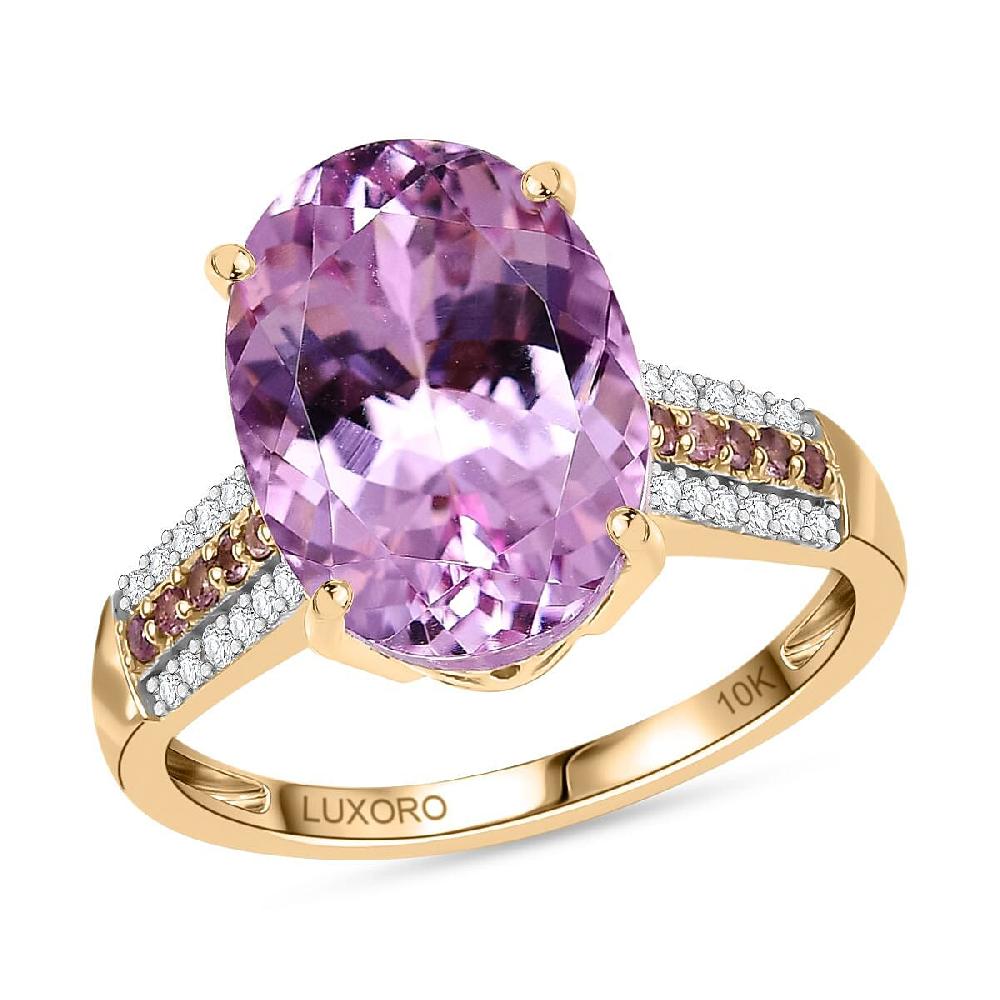 Luxoro Premium Martha Rocha Kunzite Madagascar Pink Sapphire and Diamond I2 7.80 ctw Ring in 10K Yellow Gold