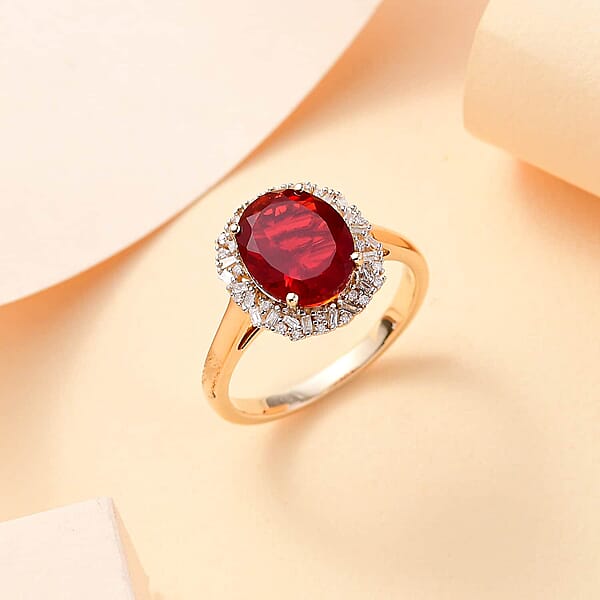 Luxoro Premium Mexican Cherry Fire Opal And G-H I2 Diamond 2.65 Ctw Radiant Sunlight Ring In 10K Yellow Gold