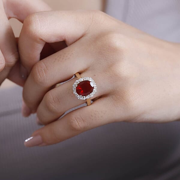 Luxoro Premium Mexican Cherry Fire Opal And G-H I2 Diamond 2.65 Ctw Radiant Sunlight Ring In 10K Yellow Gold