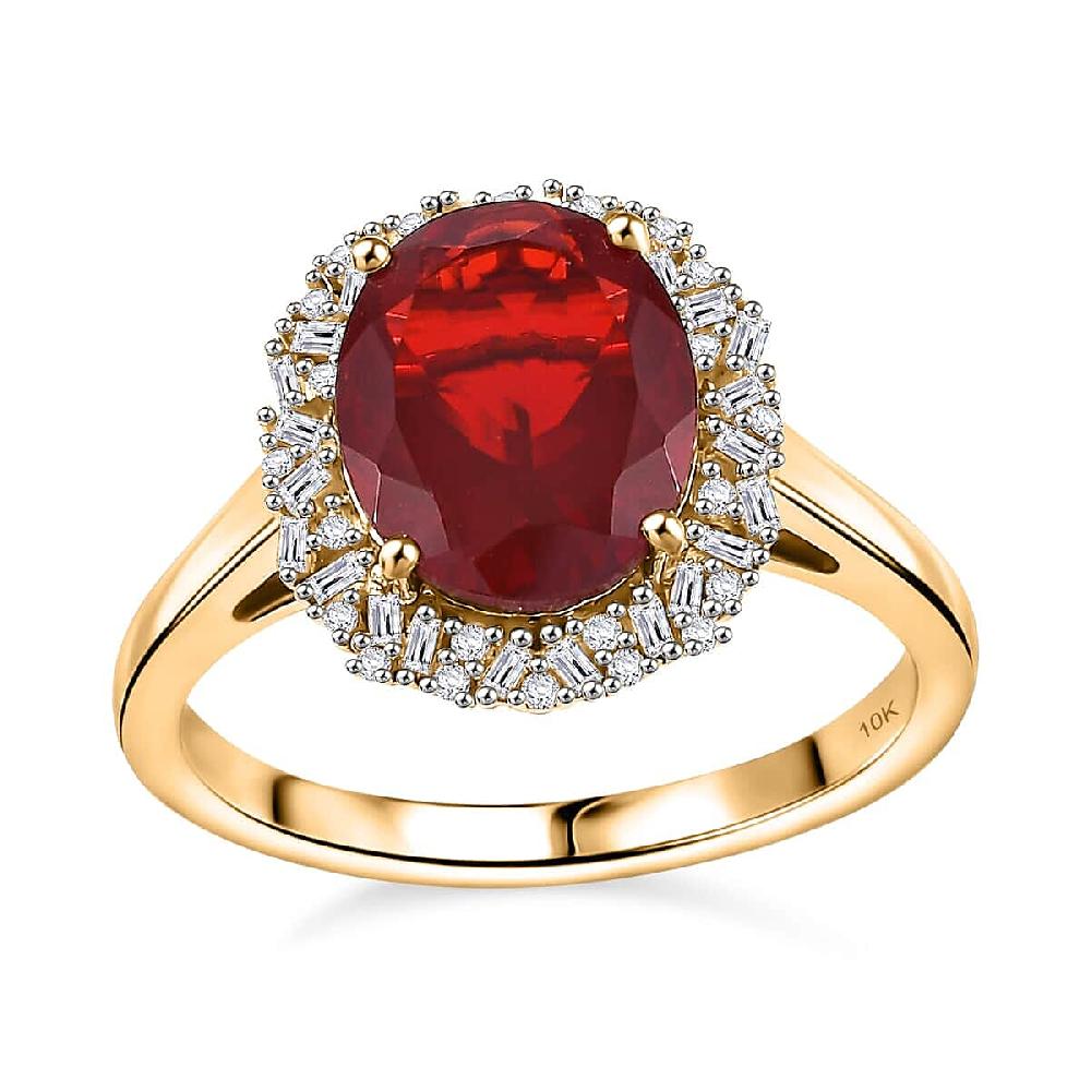 Luxoro Premium Mexican Cherry Fire Opal and G-H I2 Diamond 2.65 ctw Radiant Sunlight Ring in 10K Yellow Gold