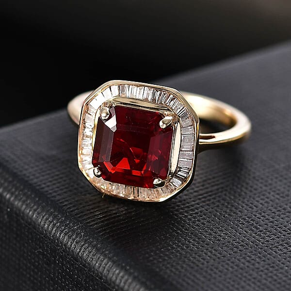 Luxoro Premium Mexican Cherry Fire Opal And G-H I3 Diamond 1.90 Ctw Ring In 10K Yellow Gold