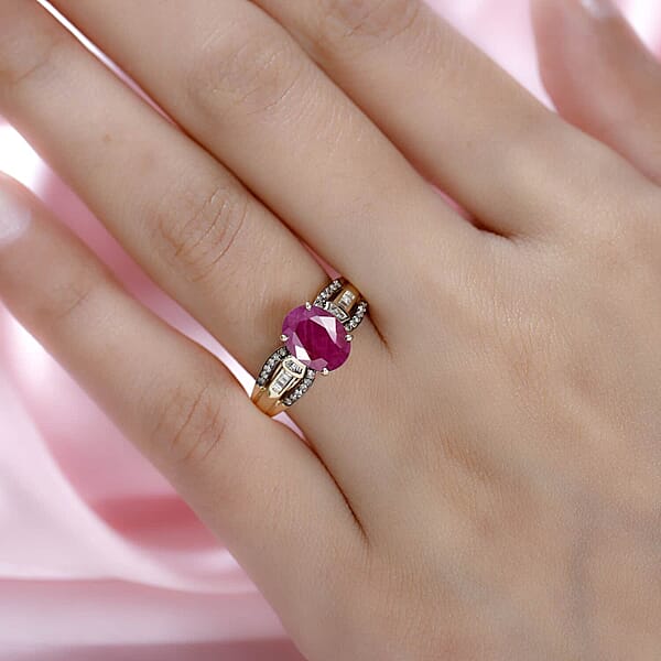Luxoro Premium Montepuez Ruby And Natural Champagne And White Diamond 2.60 Ctw Ring In 10K Yellow Gold
