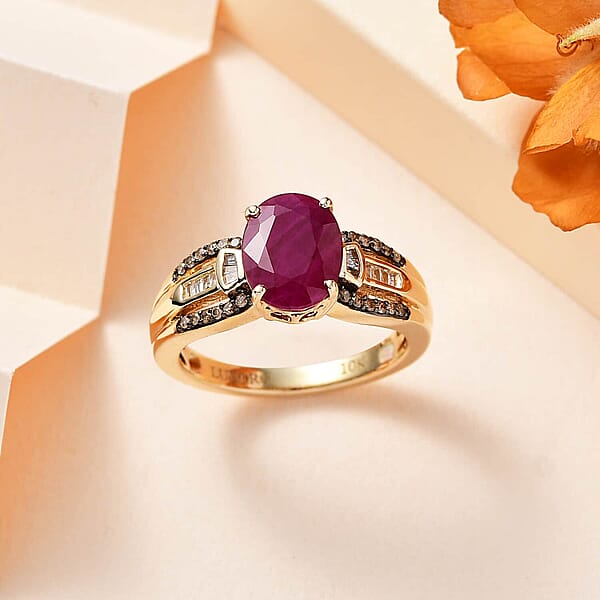 Luxoro Premium Montepuez Ruby And Natural Champagne And White Diamond 2.60 Ctw Ring In 10K Yellow Gold