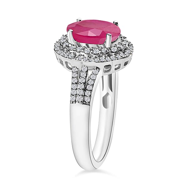 Luxoro Premium Mozambique Ruby And G-H I1 Diamond 3.20 Ctw Double Halo Ring In 14K White Gold (Del. In 10-12 Days)