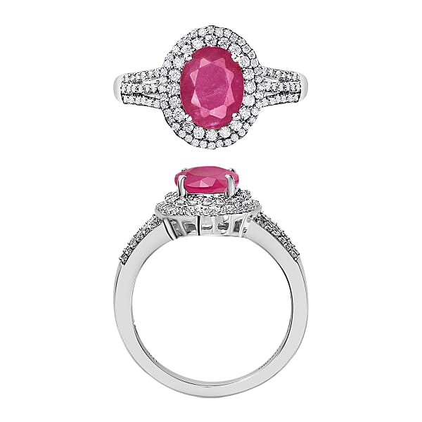 Luxoro Premium Mozambique Ruby And G-H I1 Diamond 3.20 Ctw Double Halo Ring In 14K White Gold (Del. In 10-12 Days)