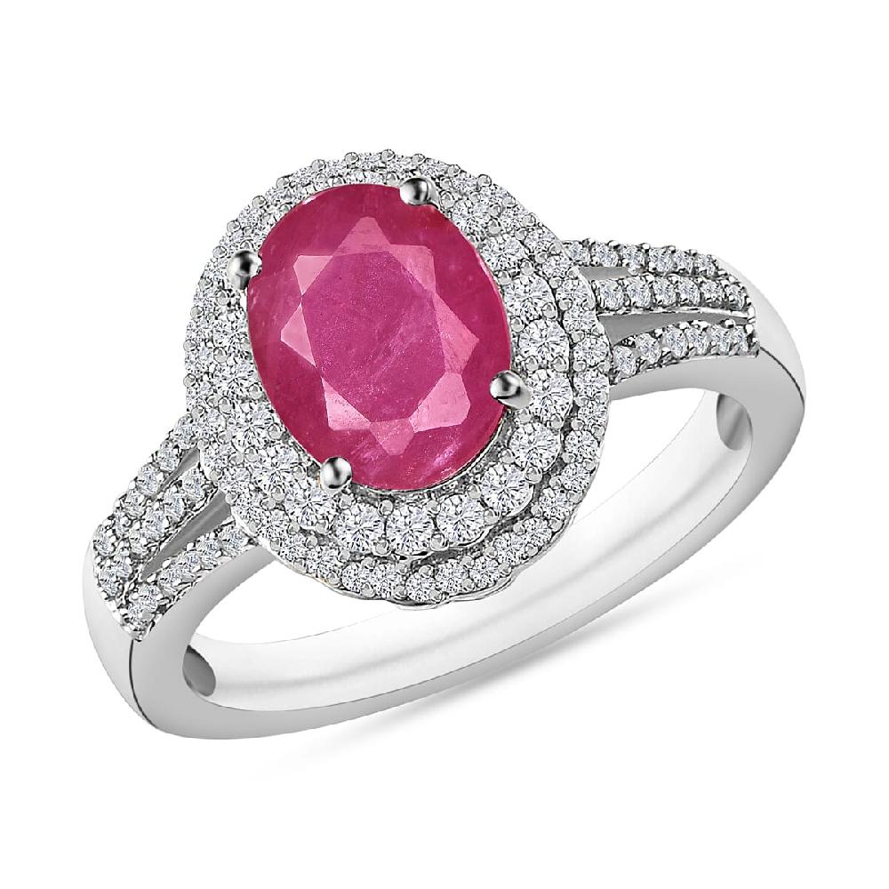 Luxoro Premium Mozambique Ruby and G-H I1 Diamond 3.20 ctw Double Halo Ring in 14K White Gold (Del. in 10-12 Days)