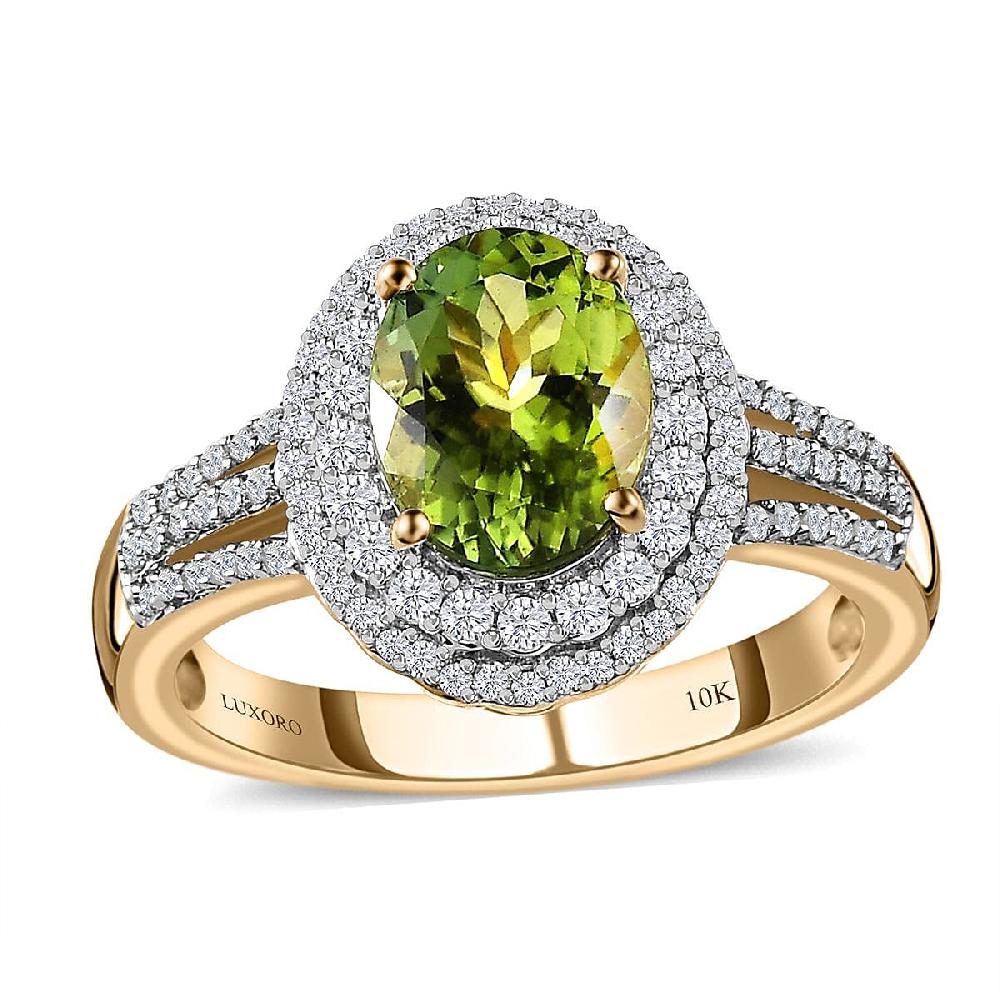 Luxoro Premium Natural Calabar Green Tourmaline and Moissanite 2.70 ctw Ring in 10K Yellow Gold