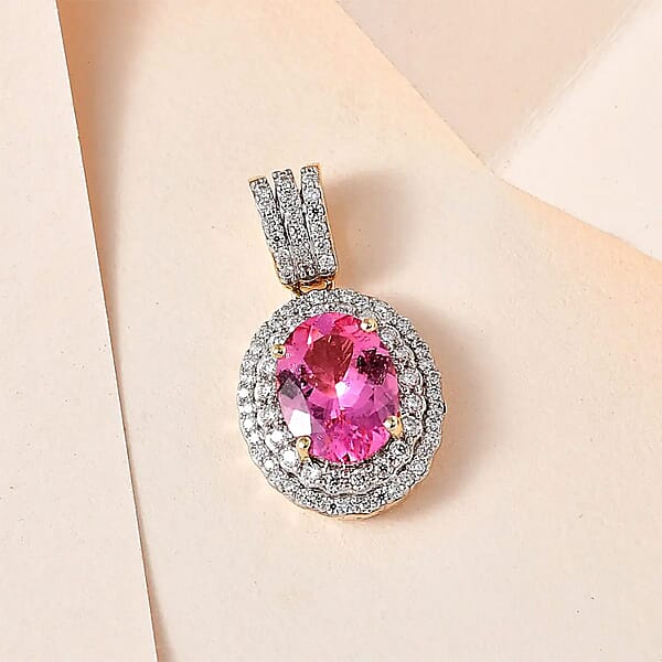 Luxoro Premium Natural Calabar Pink Tourmaline And Moissanite 2.35 Ctw Double Halo Pendant Without Chain In 10K Yellow Gold (Del. In 10-12 Days)