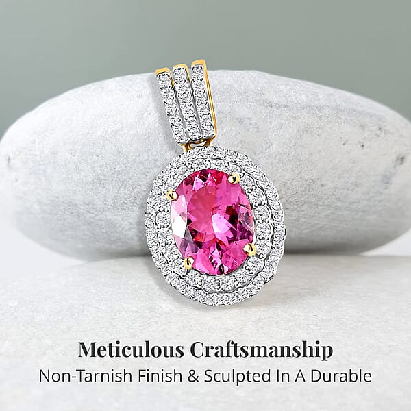 Luxoro Premium Natural Calabar Pink Tourmaline And Moissanite 2.35 Ctw Double Halo Pendant Without Chain In 10K Yellow Gold (Del. In 10-12 Days)