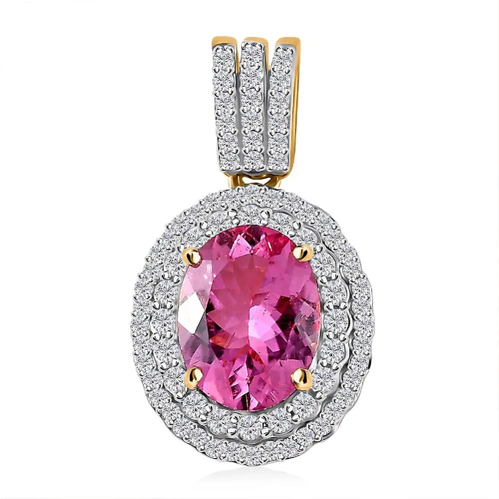 Luxoro Premium Natural Calabar Pink Tourmaline and Moissanite 2.35 ctw Double Halo Pendant without Chain in 10K Yellow Gold (Del. in 10-12 Days)