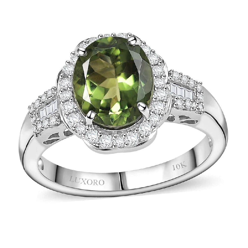 Luxoro Premium Natural Green Apatite and G-H I2 Diamond 3.15 ctw Halo Ring in 10K White Gold