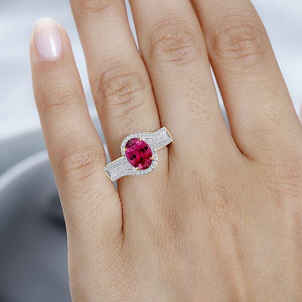 Luxoro Premium Ouro Fino Rubellite And G-H I1 Diamond 1.65 Ctw Ring In 14K Yellow Gold 4.20 Grams (Del. In 10-12 Days)