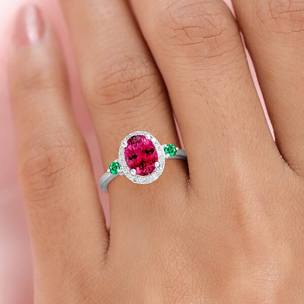 Luxoro Premium Ouro Fino Rubellite Boyaca Colombian Emerald And G-H I1 Diamond 1.65 Ctw Ring In 14K White Gold (Del. In 10-12 Days)