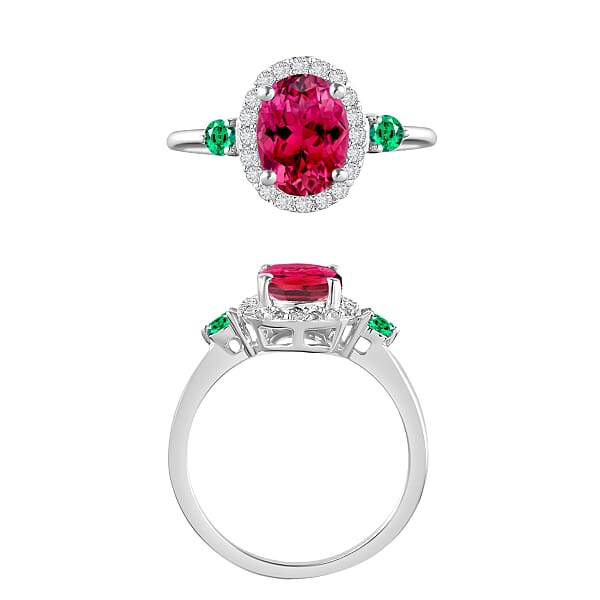 Luxoro Premium Ouro Fino Rubellite Boyaca Colombian Emerald And G-H I1 Diamond 1.65 Ctw Ring In 14K White Gold (Del. In 10-12 Days)