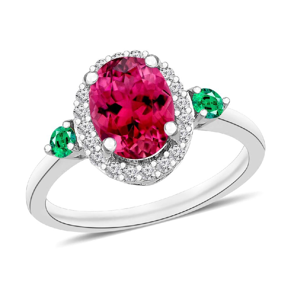 Luxoro Premium Ouro Fino Rubellite Boyaca Colombian Emerald and G-H I1 Diamond 1.65 ctw Ring in 14K White Gold (Del. in 10-12 Days)