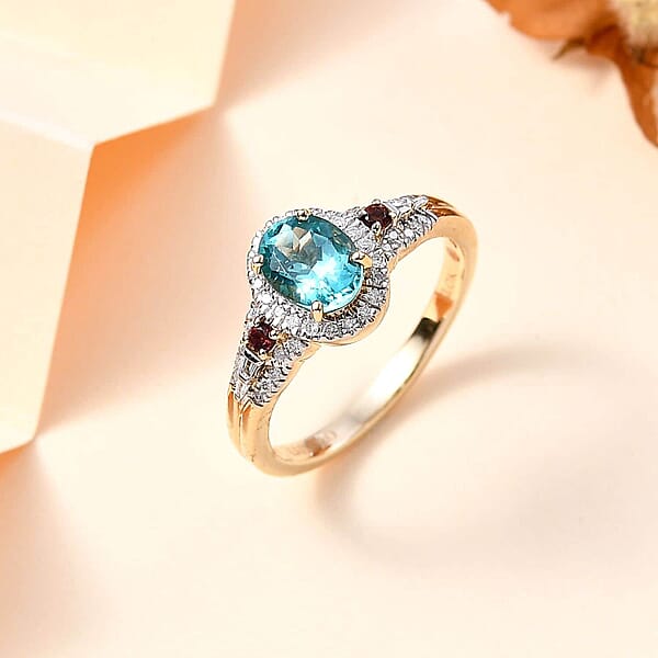 Luxoro Premium Paraiba Apatite Rubellite G-H I2 Diamond 1.50 Ctw Ring In 10K Yellow Gold