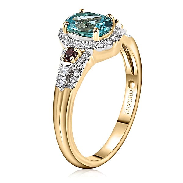 Luxoro Premium Paraiba Apatite Rubellite G-H I2 Diamond 1.50 Ctw Ring In 10K Yellow Gold