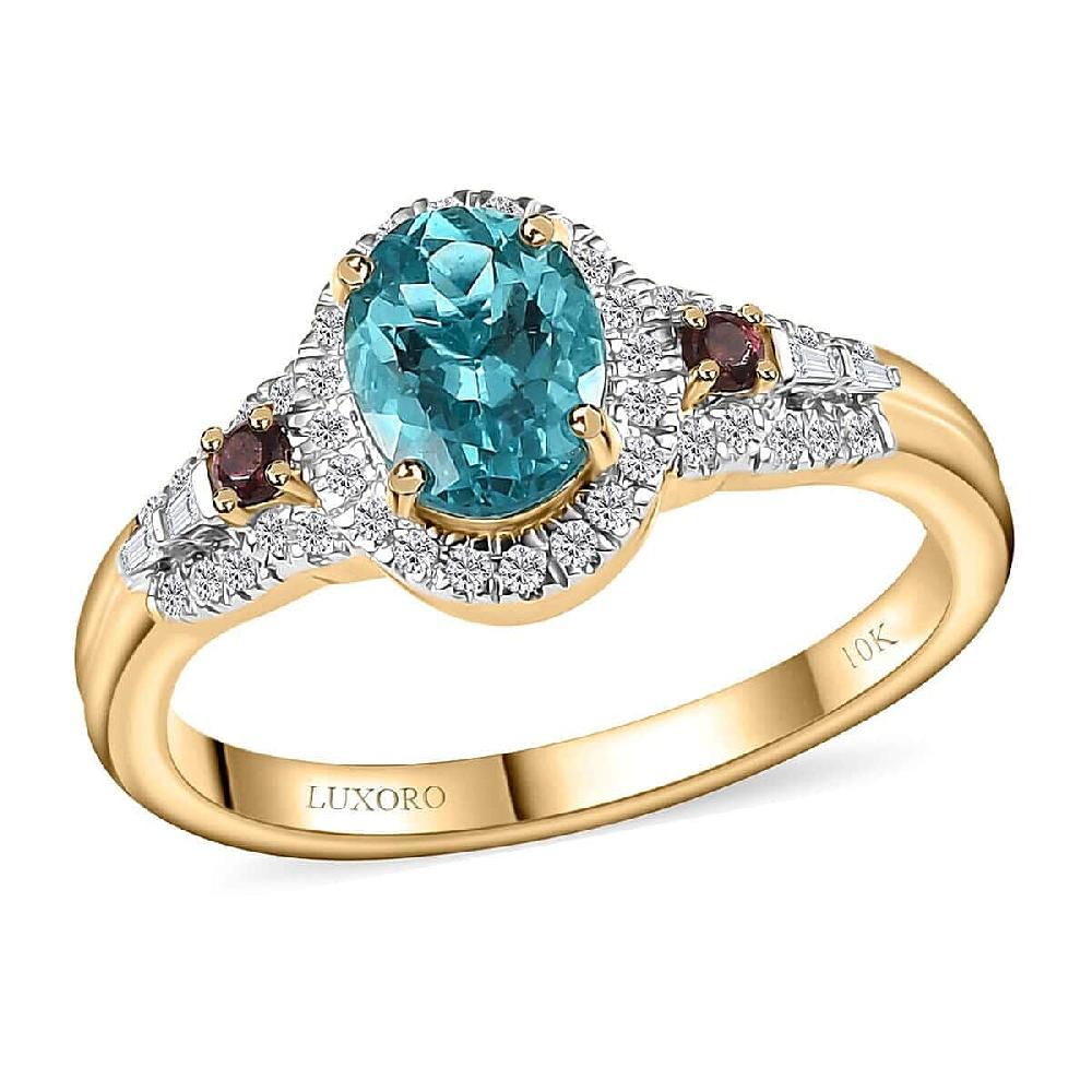 Luxoro Premium Paraiba Apatite Rubellite G-H I2 Diamond 1.50 ctw Ring in 10K Yellow Gold