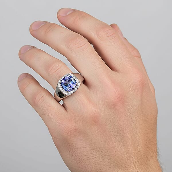 Luxoro Premium Peacock Tanzanite And Diamond I2 2.65 Ctw Art Deco Men's Ring In 10K White Gold 5.30 Grams
