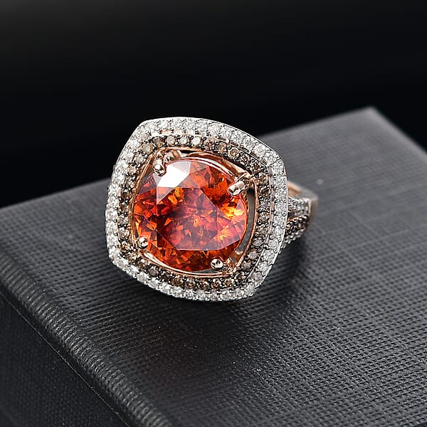 Luxoro Premium Picos Altos Sphalerite Natural Champagne And White Diamond I2 10.30 Ctw Blaze Royale Ring In 10K Rose Gold