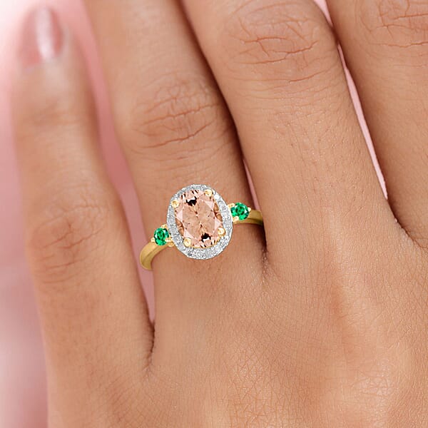 Luxoro Premium Pink Morganite Boyaca Colombian Emerald And G-H I1 Diamond 1.75 Ctw Ring In 14K Yellow Gold (Del. In 10-12 Days)