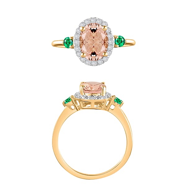 Luxoro Premium Pink Morganite Boyaca Colombian Emerald And G-H I1 Diamond 1.75 Ctw Ring In 14K Yellow Gold (Del. In 10-12 Days)
