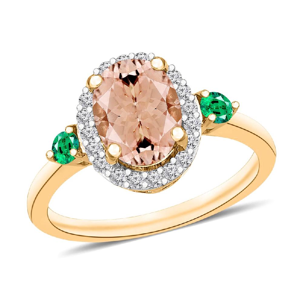 Luxoro Premium Pink Morganite Boyaca Colombian Emerald and G-H I1 Diamond 1.75 ctw Ring in 14K Yellow Gold (Del. in 10-12 Days)