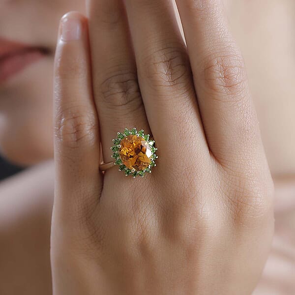 Luxoro Premium Santa Ana Madeira Citrine And Chrome Diopside 5.35 Ctw Sunlit Grove Ring In 10K Yellow Gold
