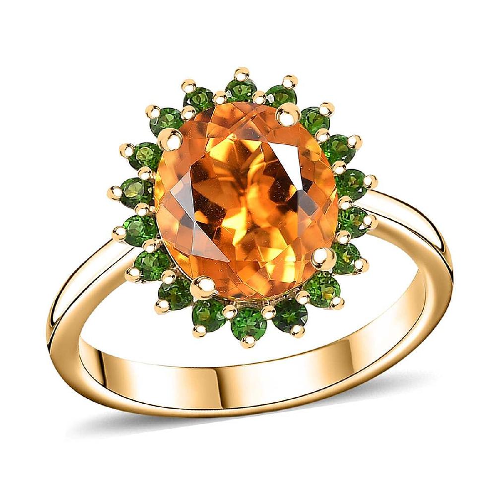 Luxoro Premium Santa Ana Madeira Citrine and Chrome Diopside 5.35 ctw Sunlit Grove Ring in 10K Yellow Gold